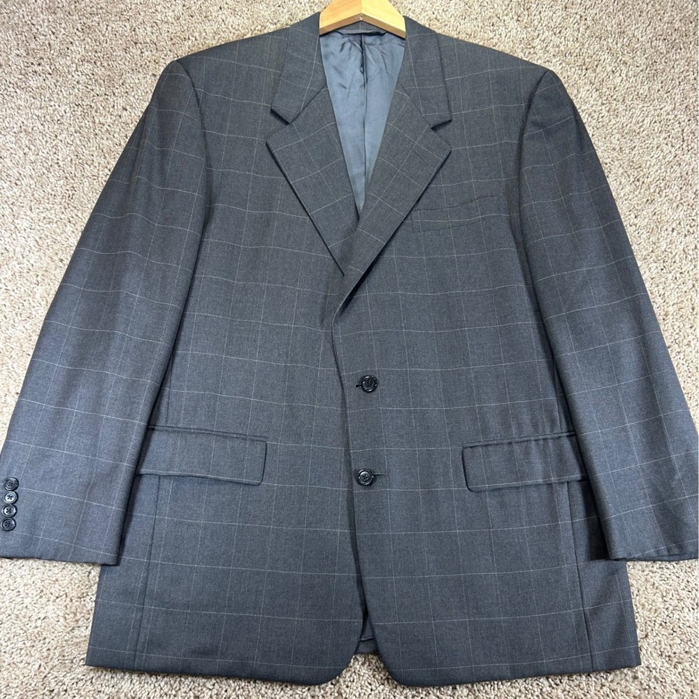 Hickey Freeman Sport Coat Mens 44R Grey Loro Piana Wool Windowpane plaid USA 90s